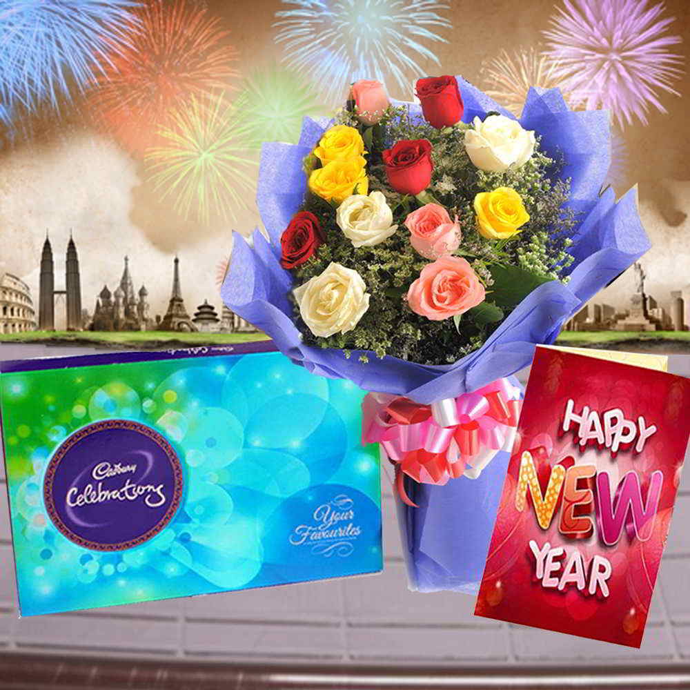 Cadbury Celebration Chocolates with Mix Roses Bouquet and New Year Card