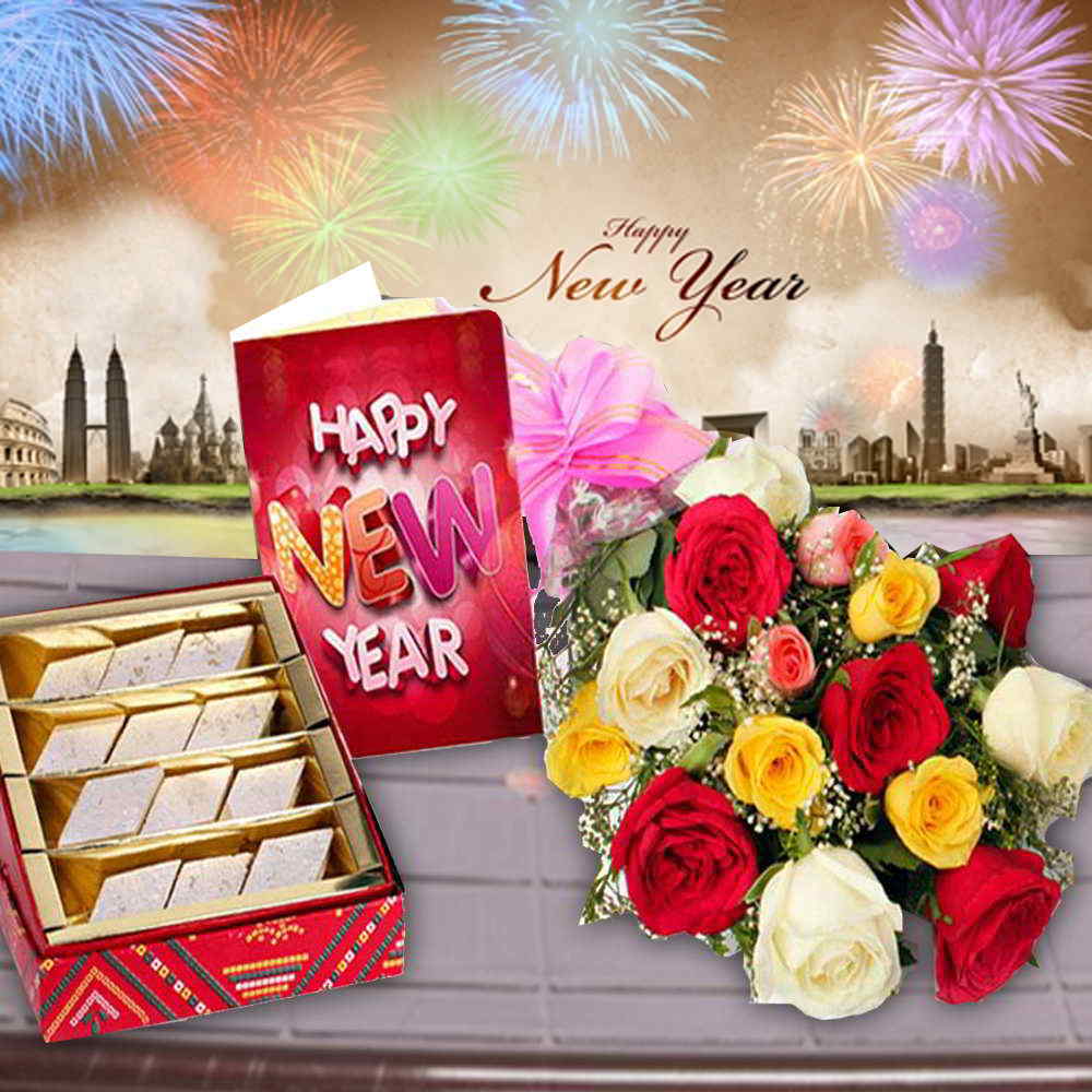 Roses Bouquet with Kaju Katli Sweets and New Year Card