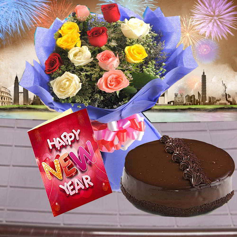Truffle Cake with Mix Roses Bouquet and New Year Greeting Card