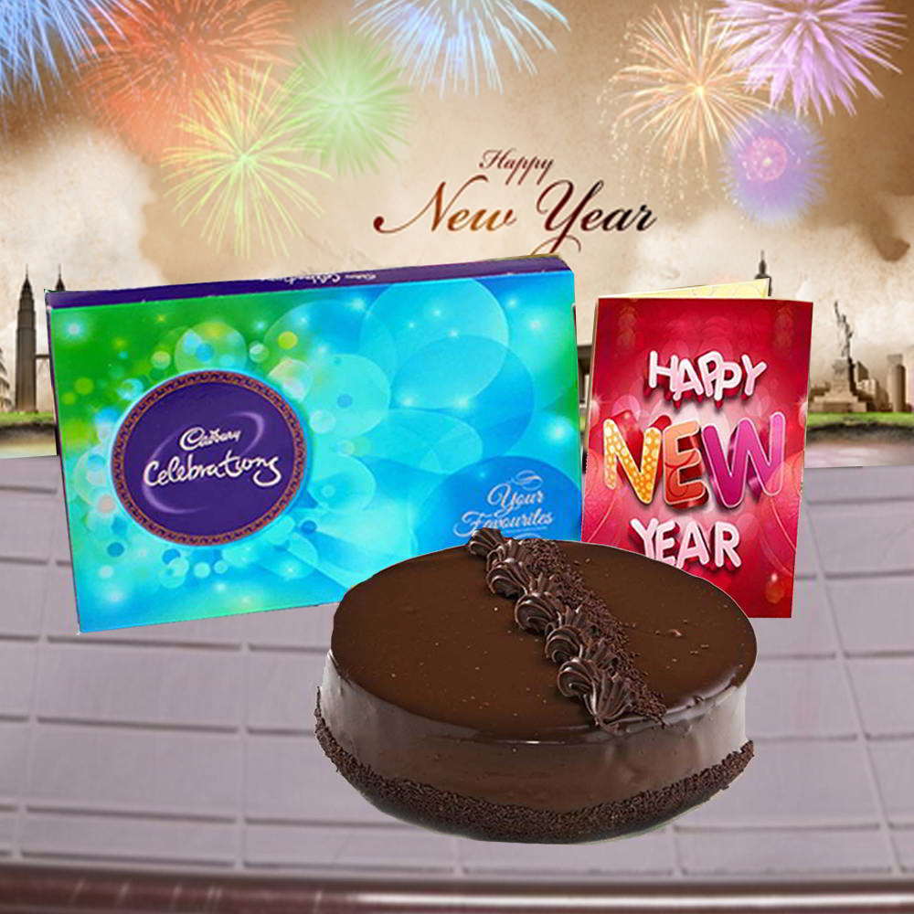 New Year Card with Truffle Cake and Cadbury Celebration Chocolate
