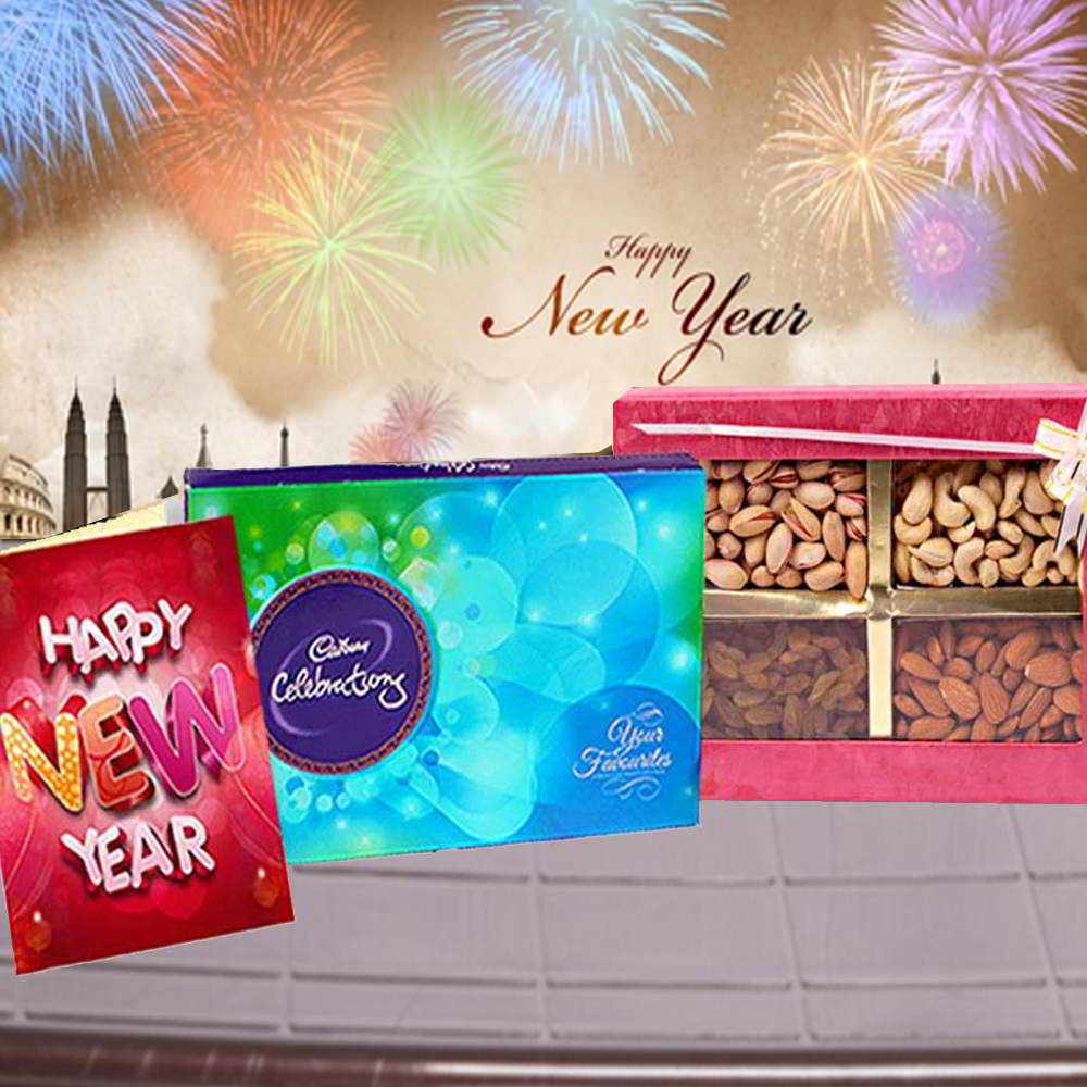 Assorted Dry Fruits with Cadbury Celebration Chocolate and New Year Card