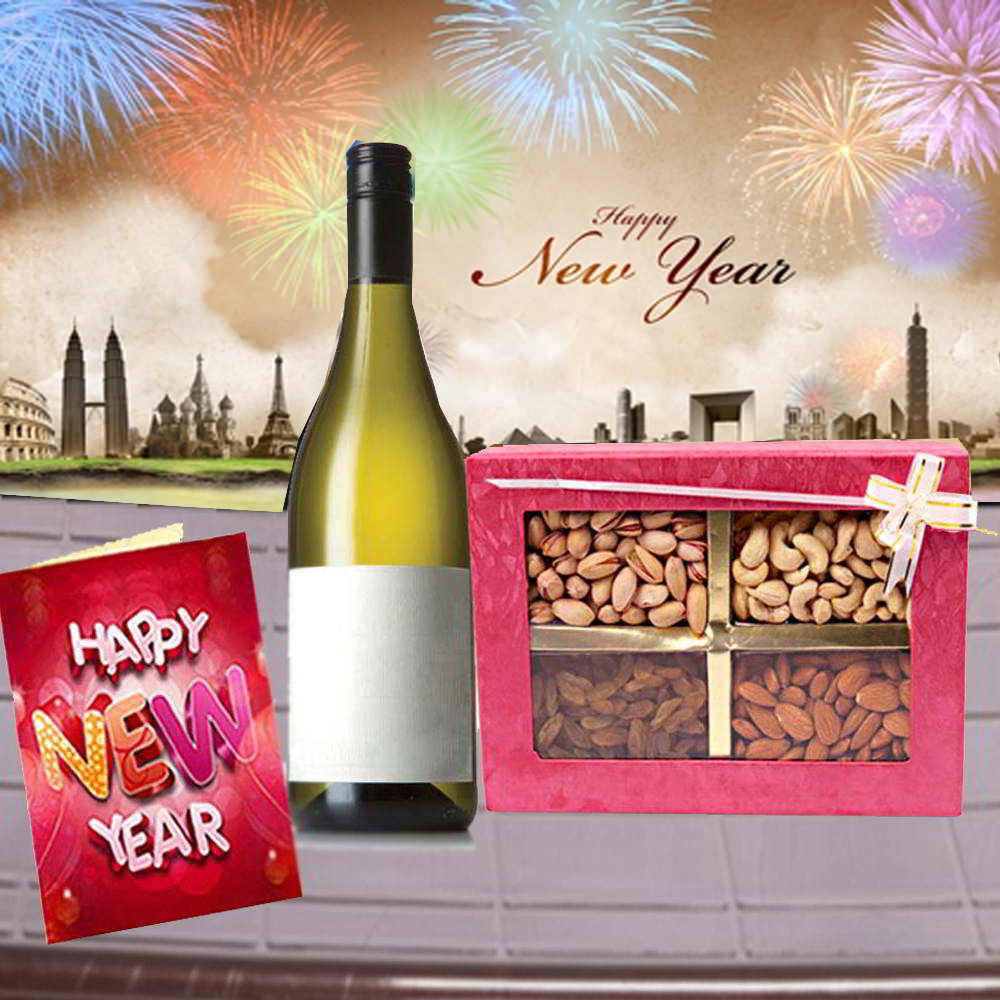 Wine with New Year Greeting Card and Assorted Dry Fruits