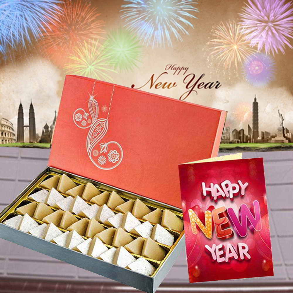Kaju Katli Sweets and New Year Greeting Card Combo