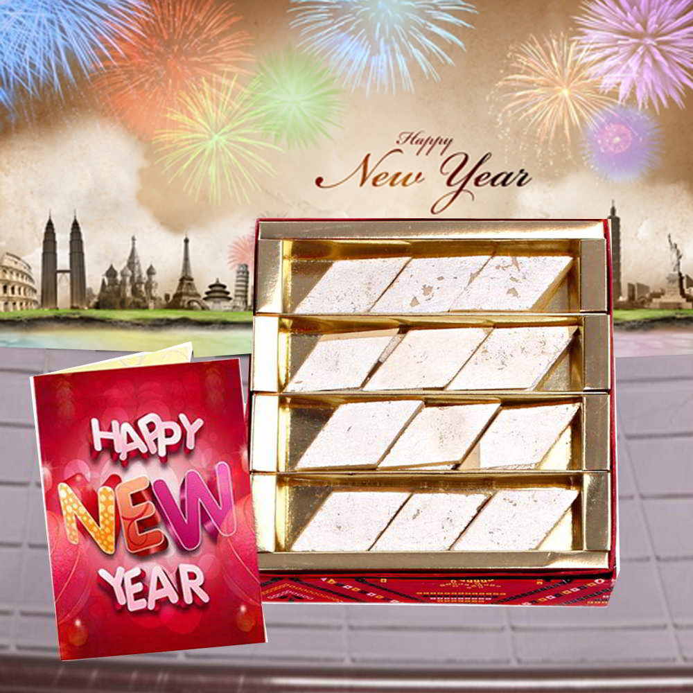 New Year Card with Kaju Katli Sweets Combo