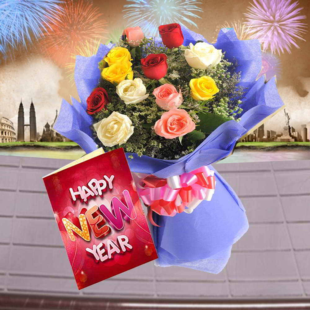 Bouquet of Mis Roses and New Year Greeting Card