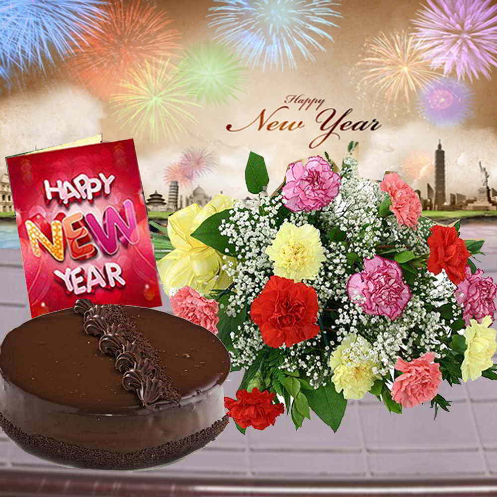 Carnation Bouquet with Truffle Chocolate Cake and New Year Card