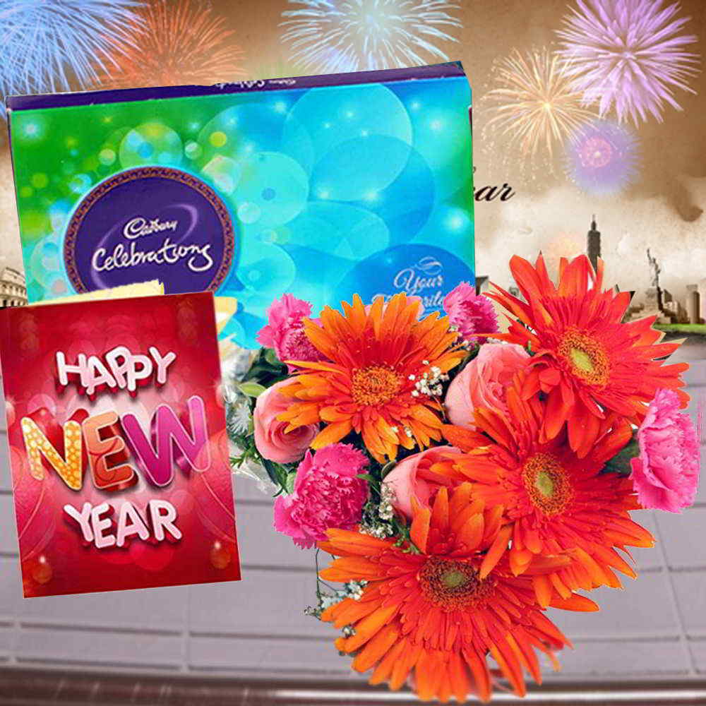 Cadbury Celebration Chocolates with Mix Flowers Bouquet and New Year Card
