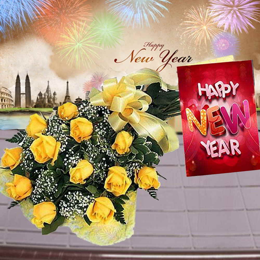 Yellow Roses Bouquet and New Year Greeting Card