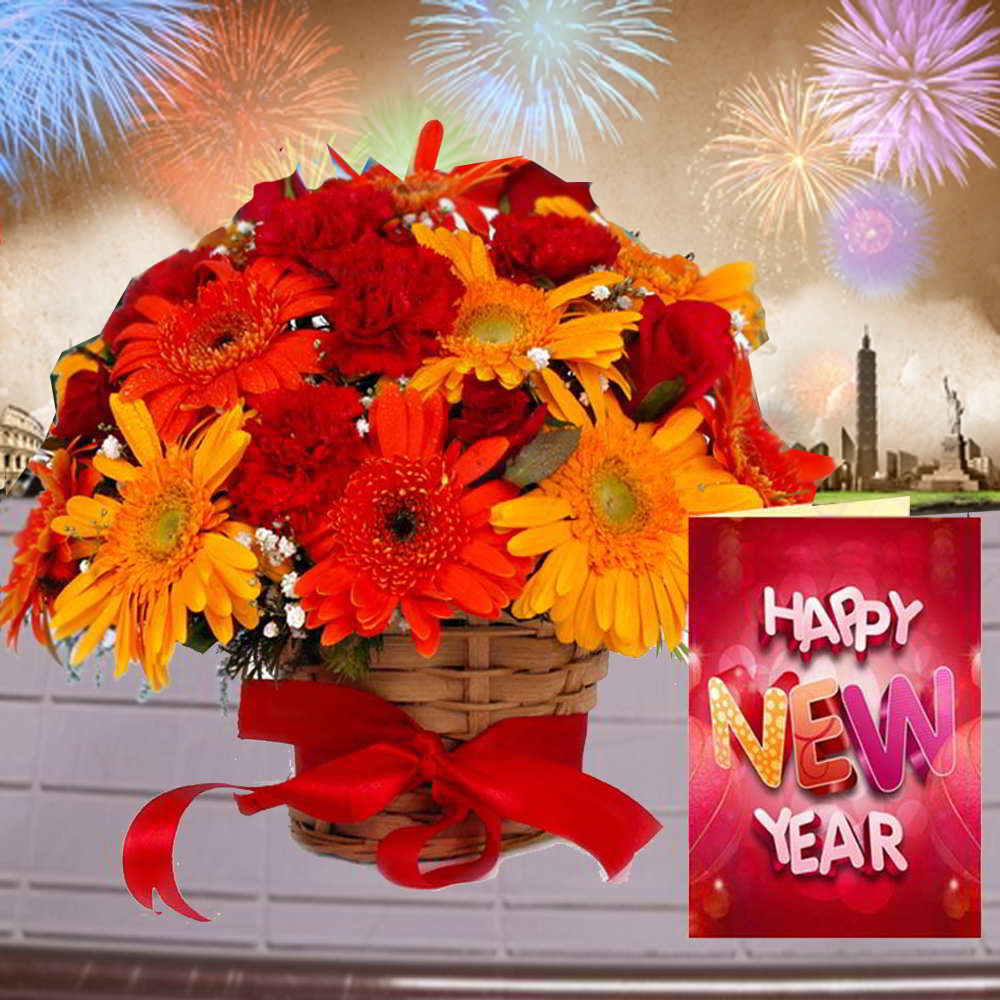 Arrangement of Mix Flowers with New Year Greeting Card