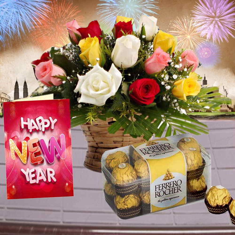 Ferrero Rocher Chocolate with Roses Arrangement and New year Card