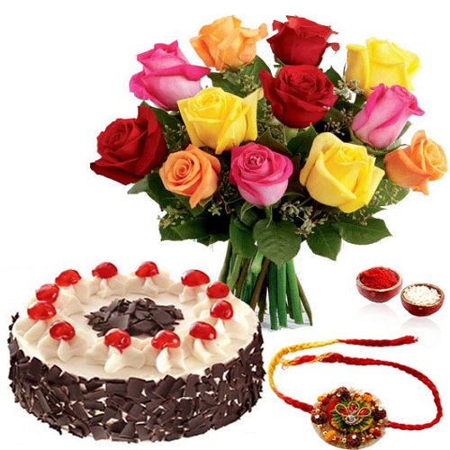 Rakhi with Black Forest Cake and Roses Bouquet