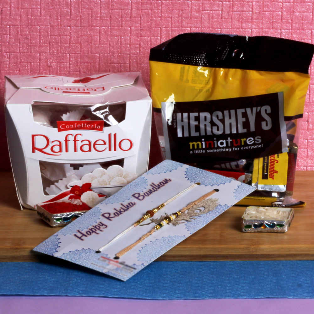 Two Designer Rakhi with Raffaello Hersheys Chocolates