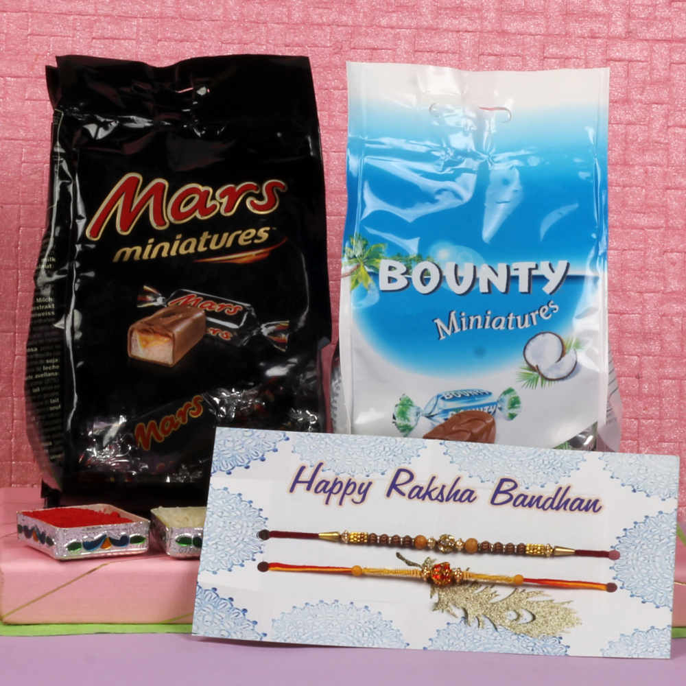 Rakhi Gift of Mars and Bounty Chocolates and Two Rakhi