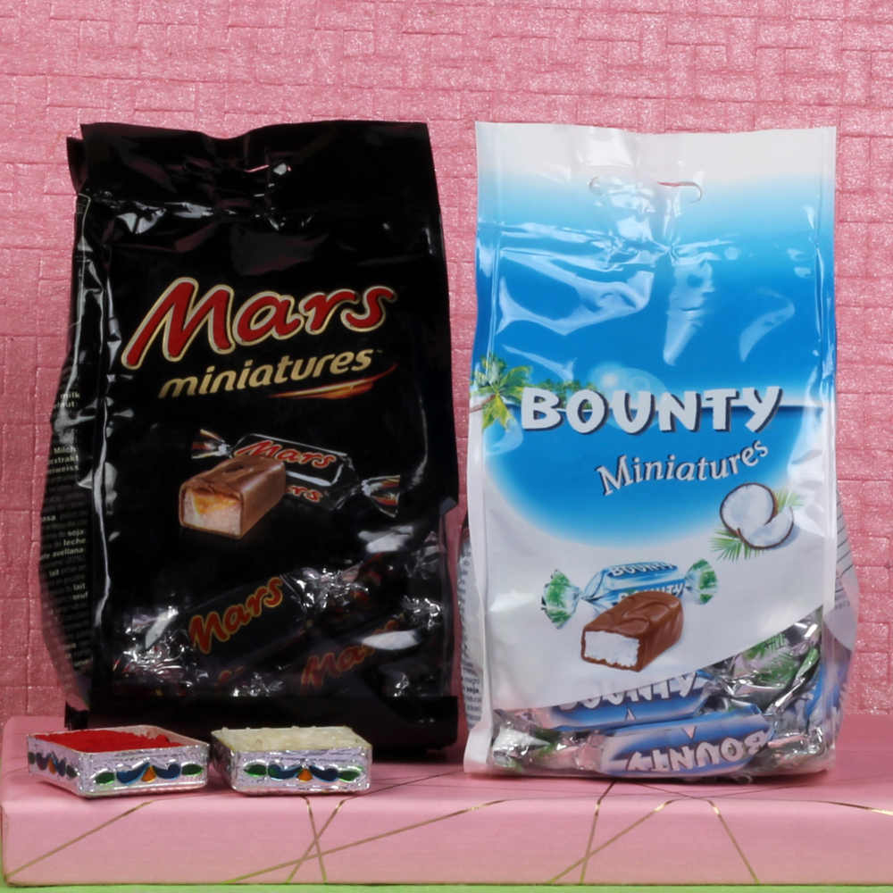 Rakhi Gift of Mars and Bounty Chocolates and Two Rakhi