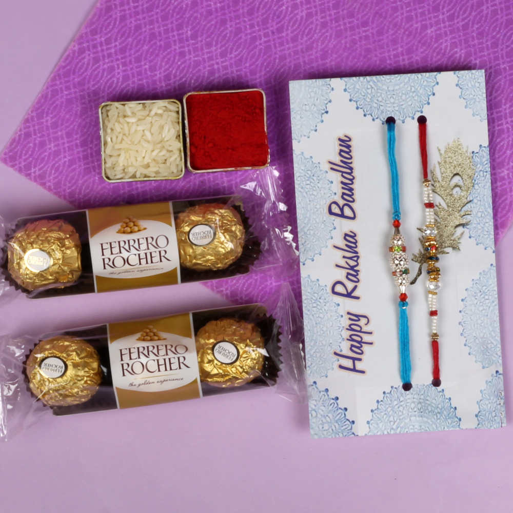 Combo of 3 Pcs of Rocher Chocolate Pack with Two Rakhi