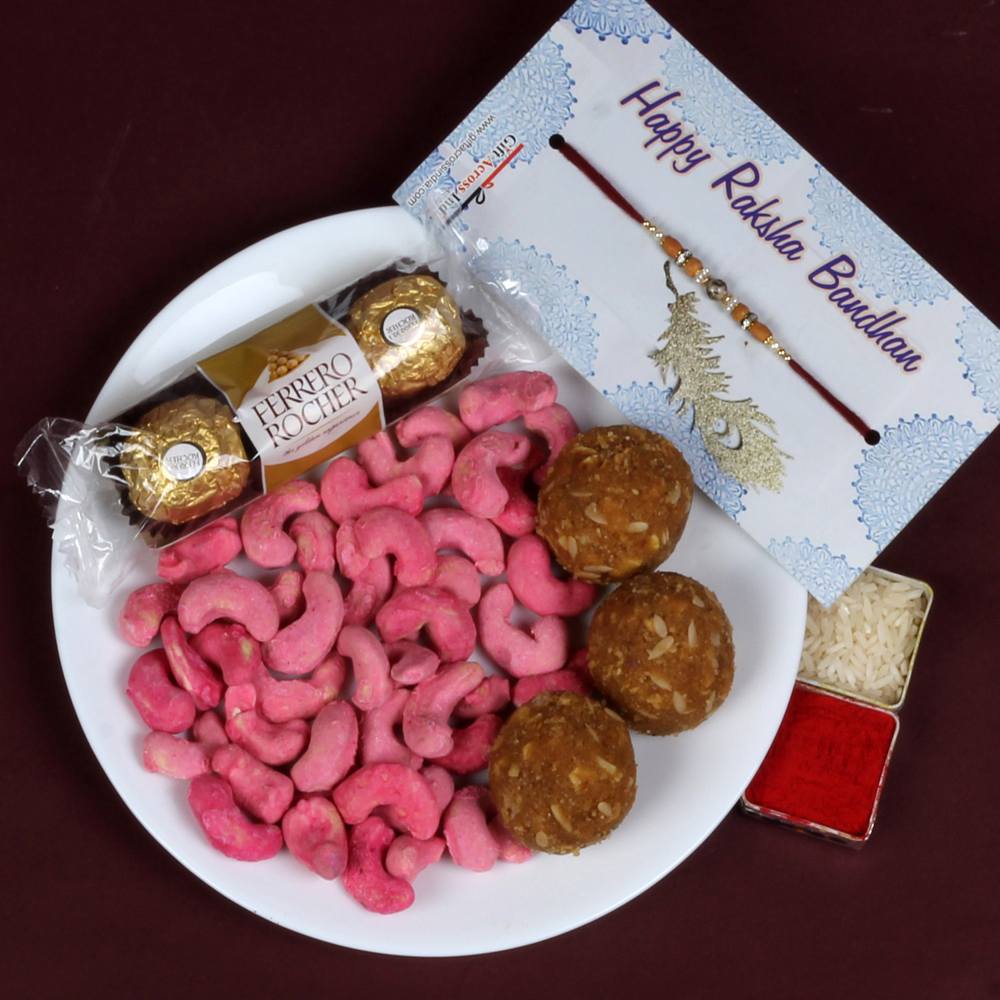 Rose Cashew Besan Ladoo with Ferrero Rocher Rakhi Gift 