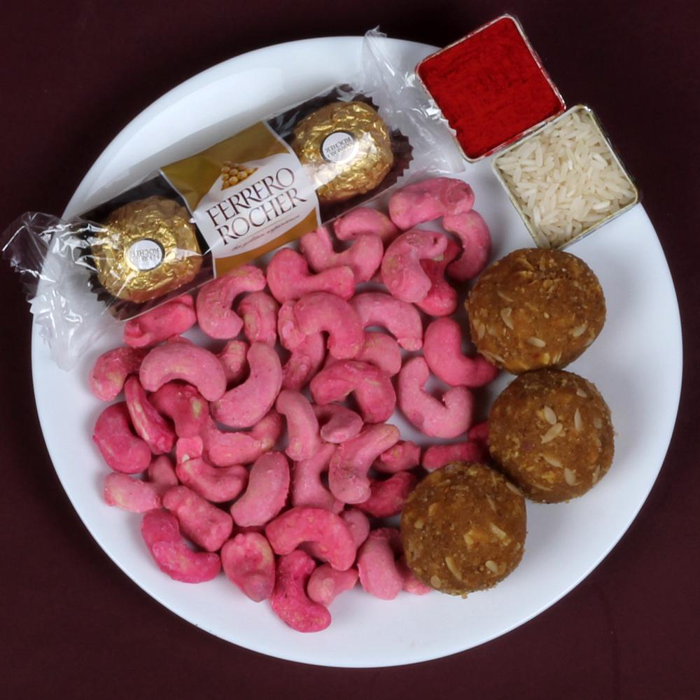 Rose Cashew Besan Ladoo with Ferrero Rocher Rakhi Gift 