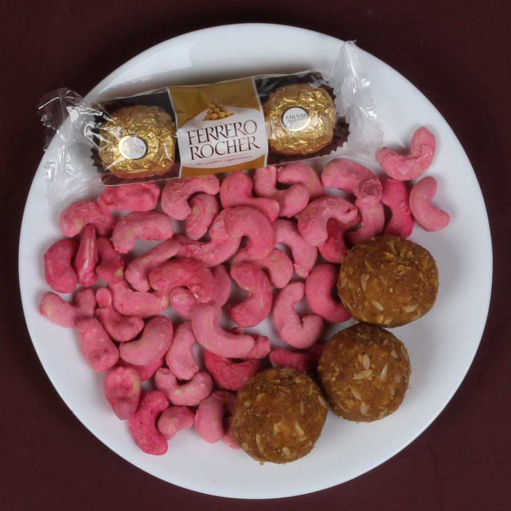 Rose Cashew Besan Ladoo with Ferrero Rocher Rakhi Gift 