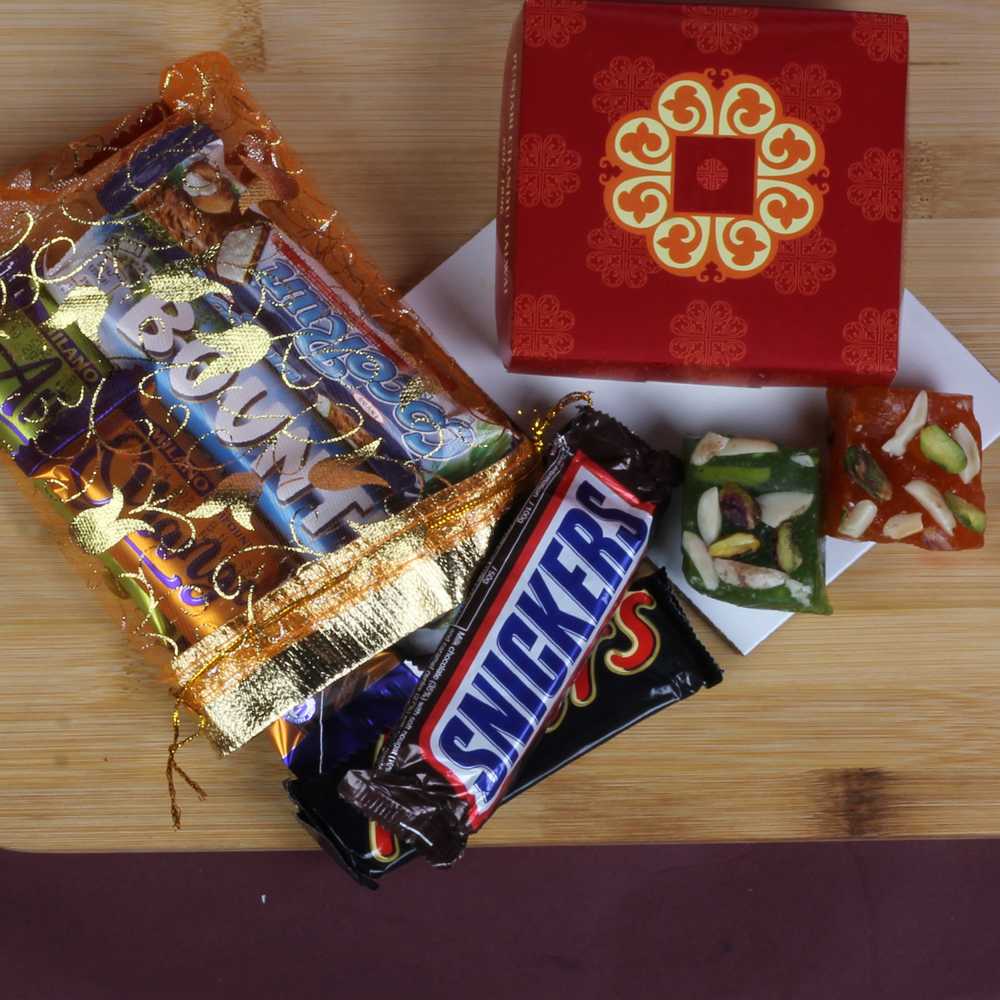 Mix Imported Chocolates and Karachi Halwa Rakhi Gift