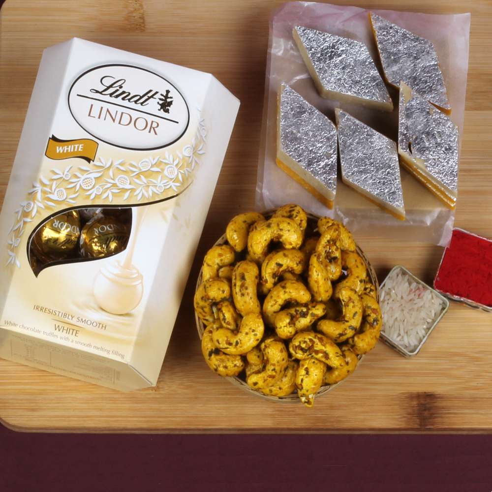 Kaju Sweet and Lindor Chocolates with Cashew Rakhi Gift