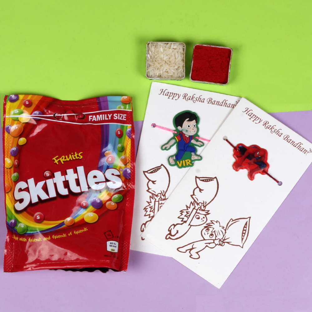 Two Kids Rakhis and Skittles Chocolate Pack Combo