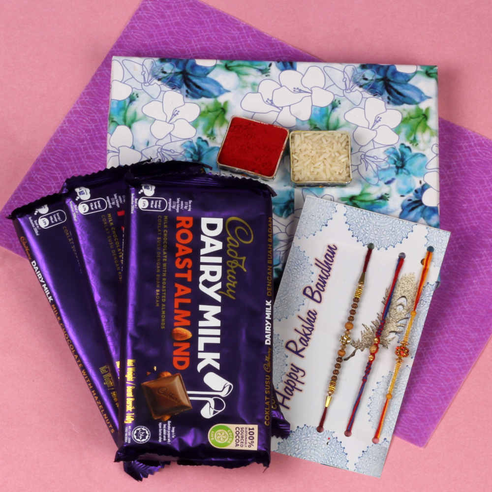 3 Designer Rakhis with Imported Dairy Milk Chocolate