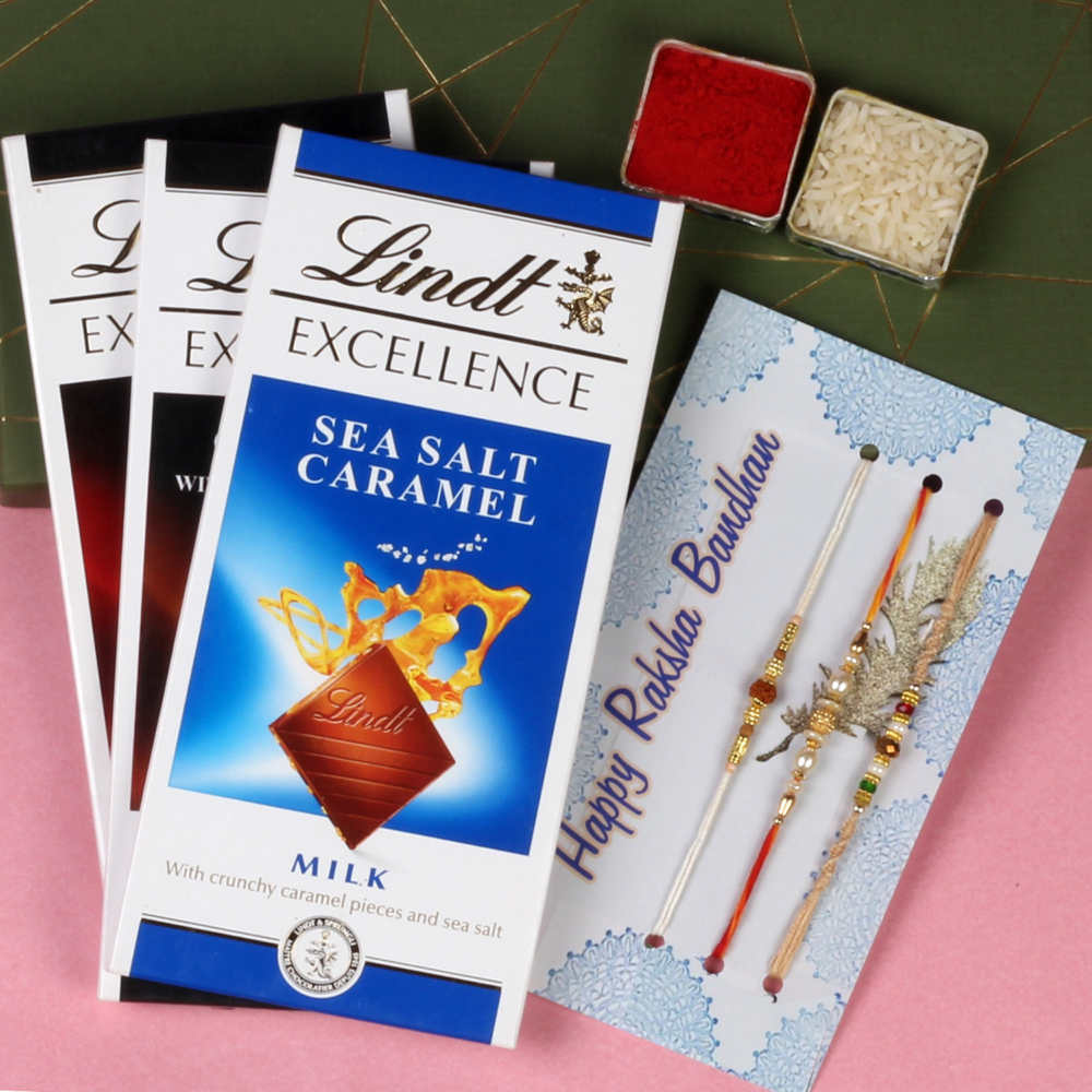 Three Rakhi and Three Lindt Excellence Chocolates