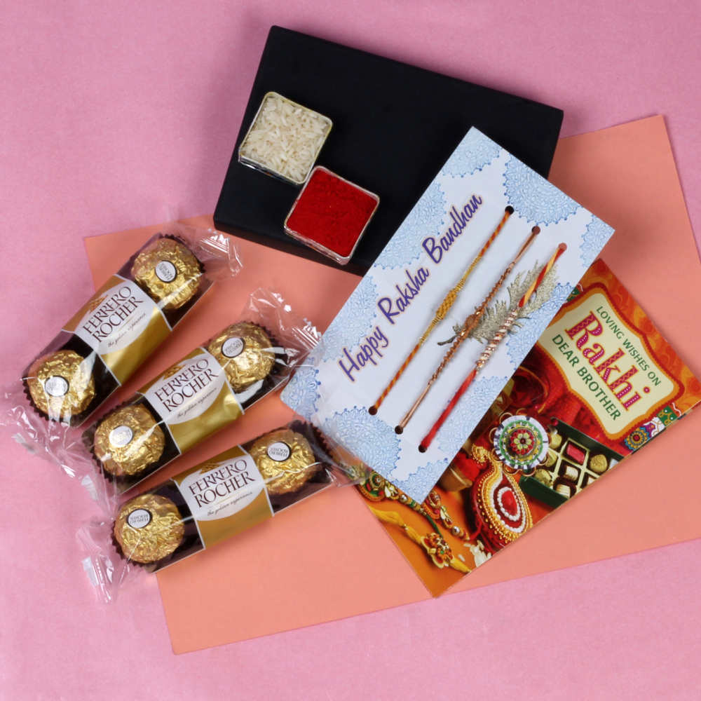 Three Designer Rakhi and 3 Pcs Rocher Chocolates Combo