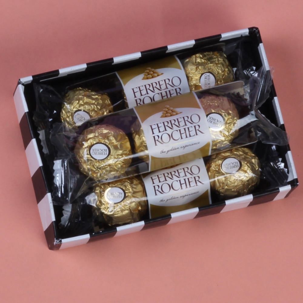 Three Designer Rakhi and 3 Pcs Rocher Chocolates Combo