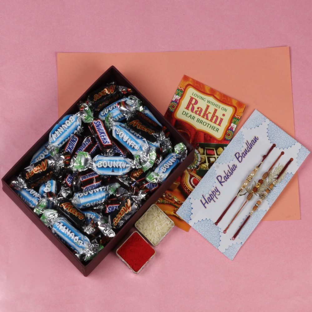 Three Designer Rakhi and Box of Mix Imported Miniature Chocolates