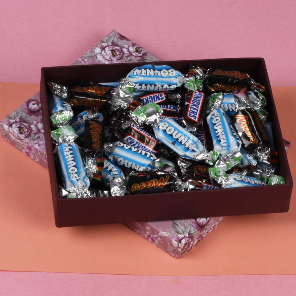 Three Designer Rakhi and Box of Mix Imported Miniature Chocolates