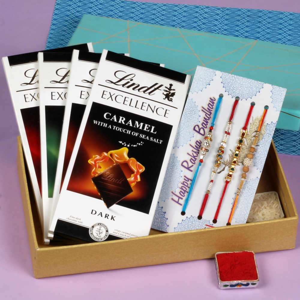 Four Rakhis with Four Lindt Excellence Chocolates