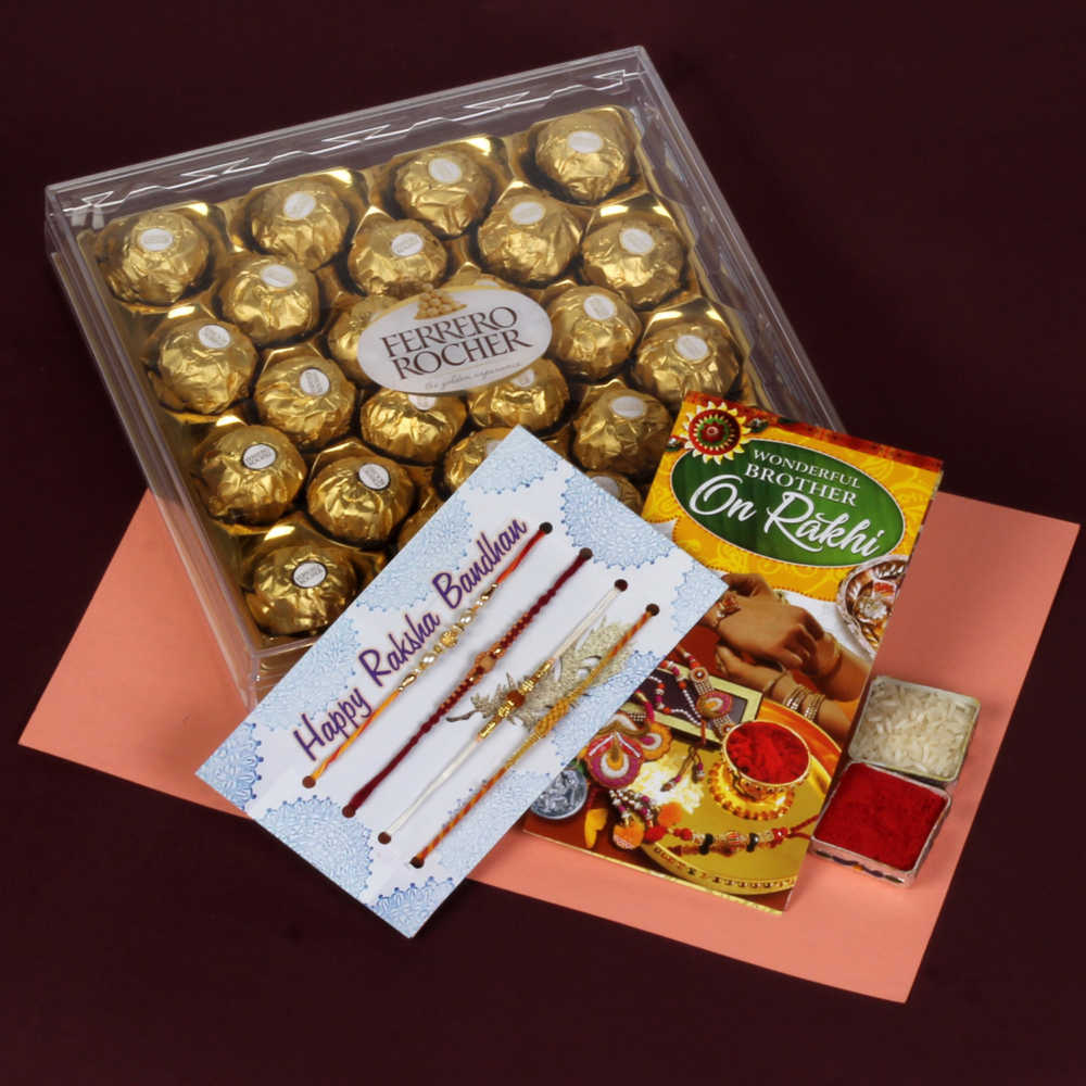24 Pcs Ferrero Rocher Box with Four Rakhis For Brothers	