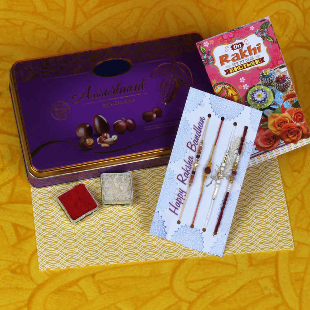 Assortment Chocolate Box with 4 Designer Rakhis	