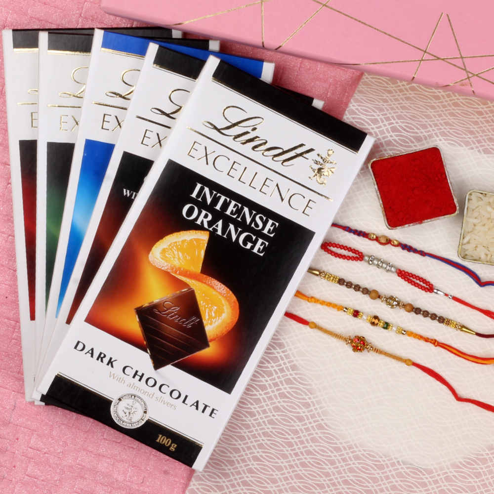 Five Fancy Rakhi with Five Lindt Excellence Bars