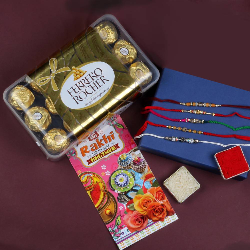 Five Designer Rakhis with 30 Pcs of Ferrero Rocher Chocolates