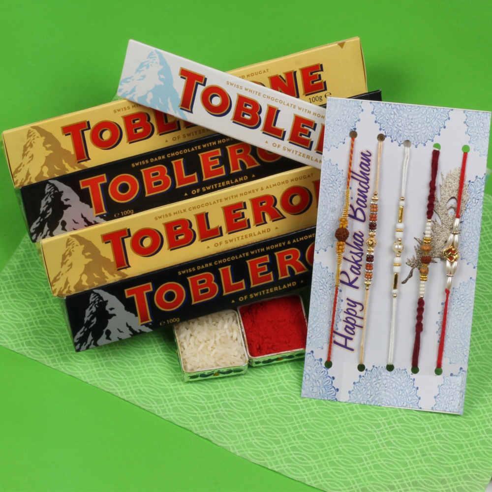 Five Exclusive Rakhis with Five Toblerone Bars