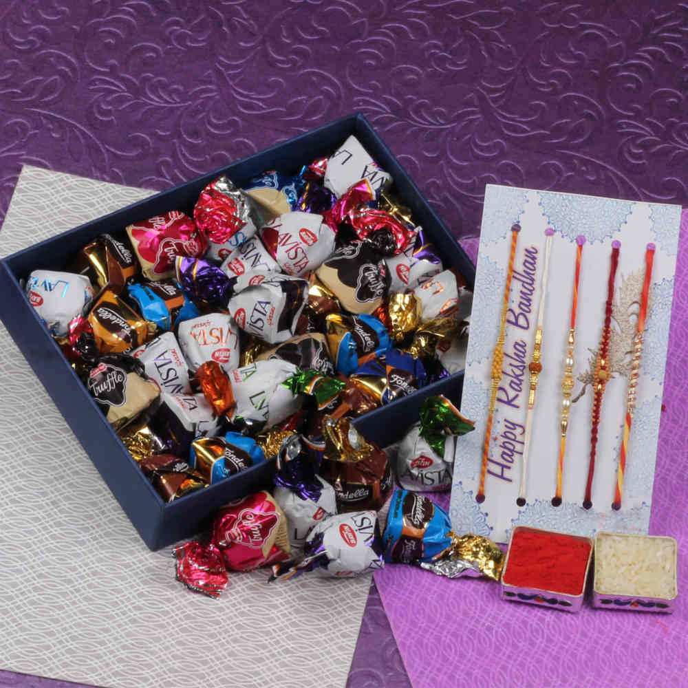 Five Designer Rakhis with Assorted Truffle Chocolate Box