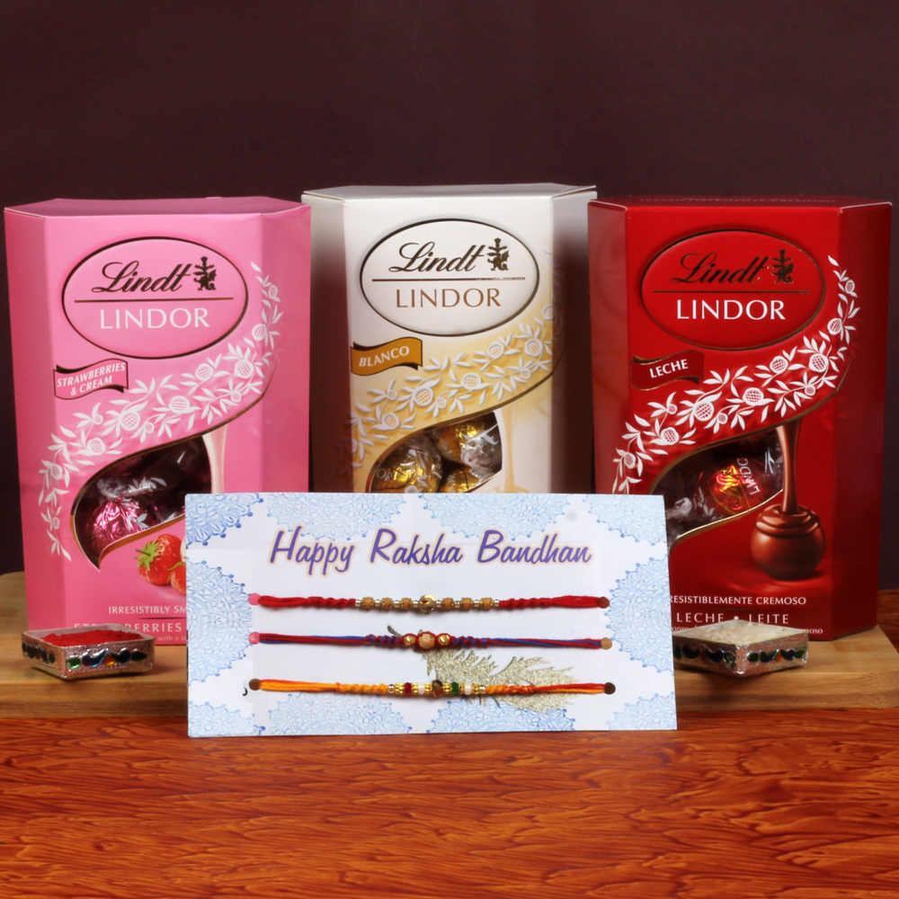 Three Lindor Chocolate Box with Three Fancy Rakhi
