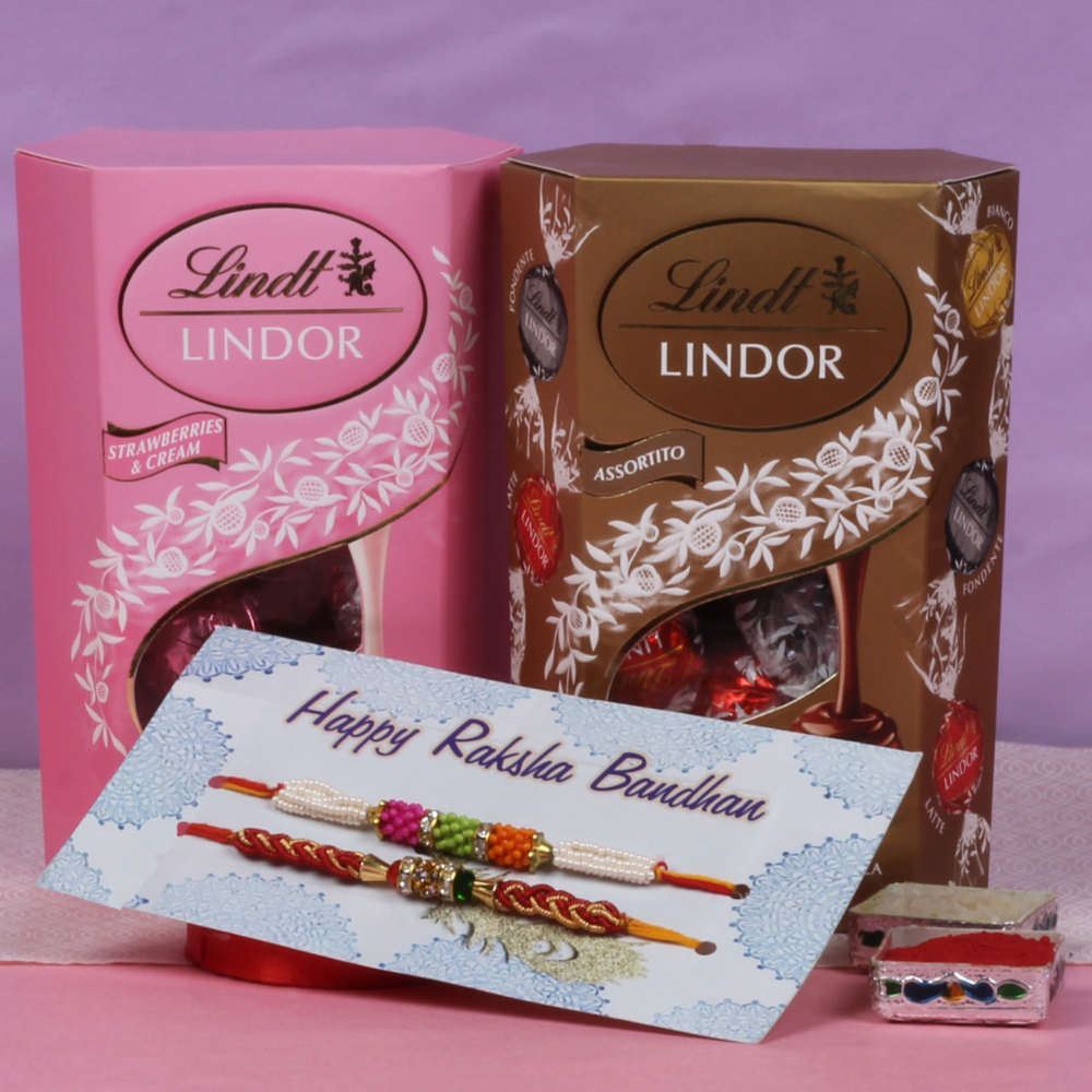 Two Rakhi with Strawberry and Assorted Lindor Chocolates Box