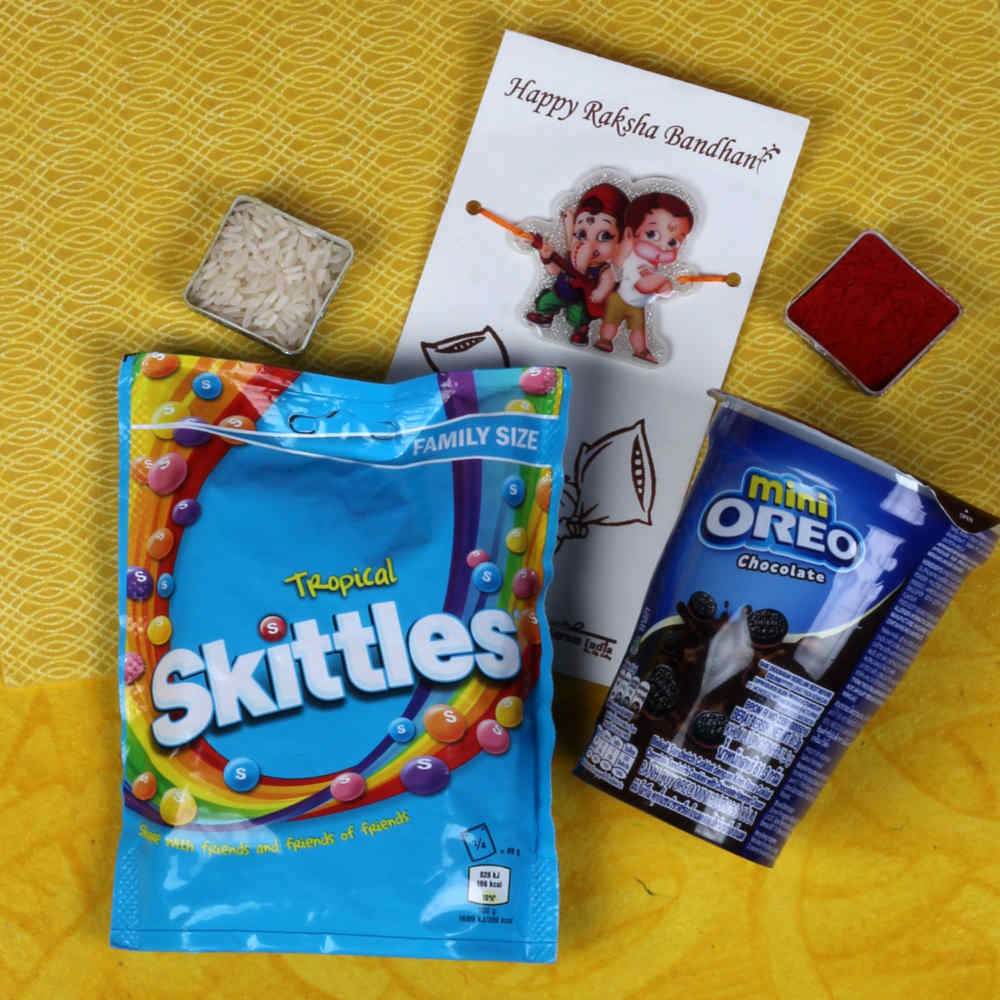 Skittles Chocolate and Mini Oreo Biscuits Kids Rakhi Combo