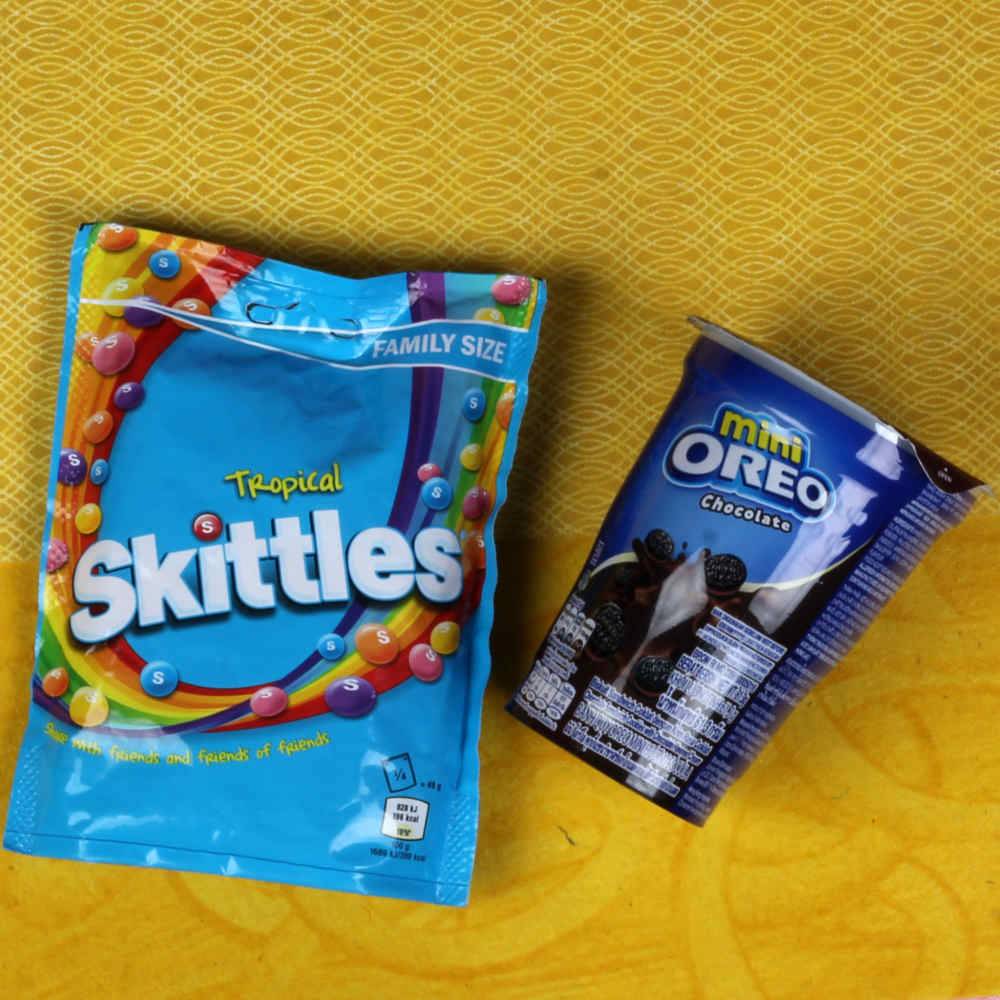 Skittles Chocolate and Mini Oreo Biscuits Kids Rakhi Combo