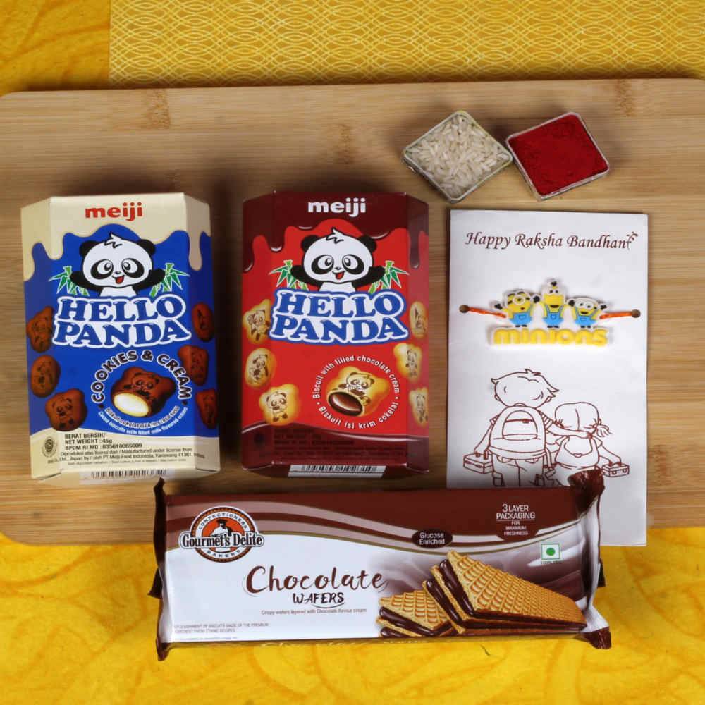 Hello Panda Biscuits and Wafer Biscuits Kids Rakhi Combo