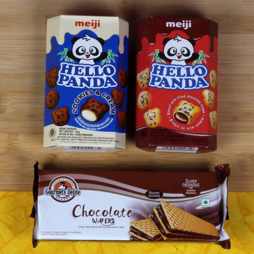 Hello Panda Biscuits and Wafer Biscuits Kids Rakhi Combo