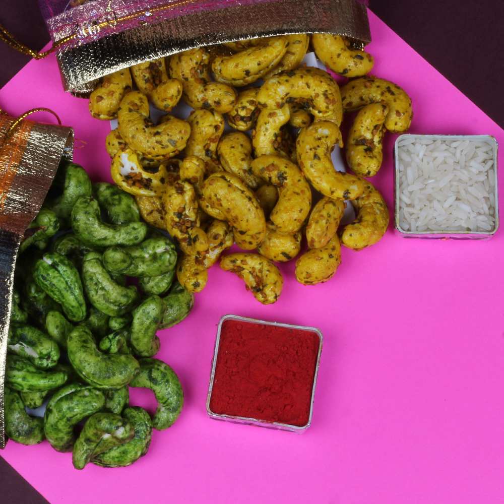 Green Chili Cashews and Garlic Cashew Rakhi Gift