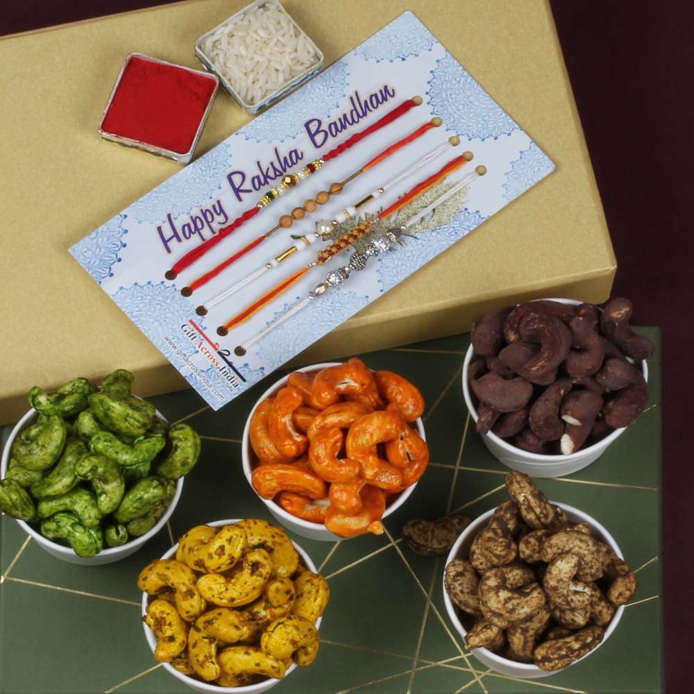 5 Rakhis with Black Pepper Garlic Green Chilli Chocolate Cheese Cashews  