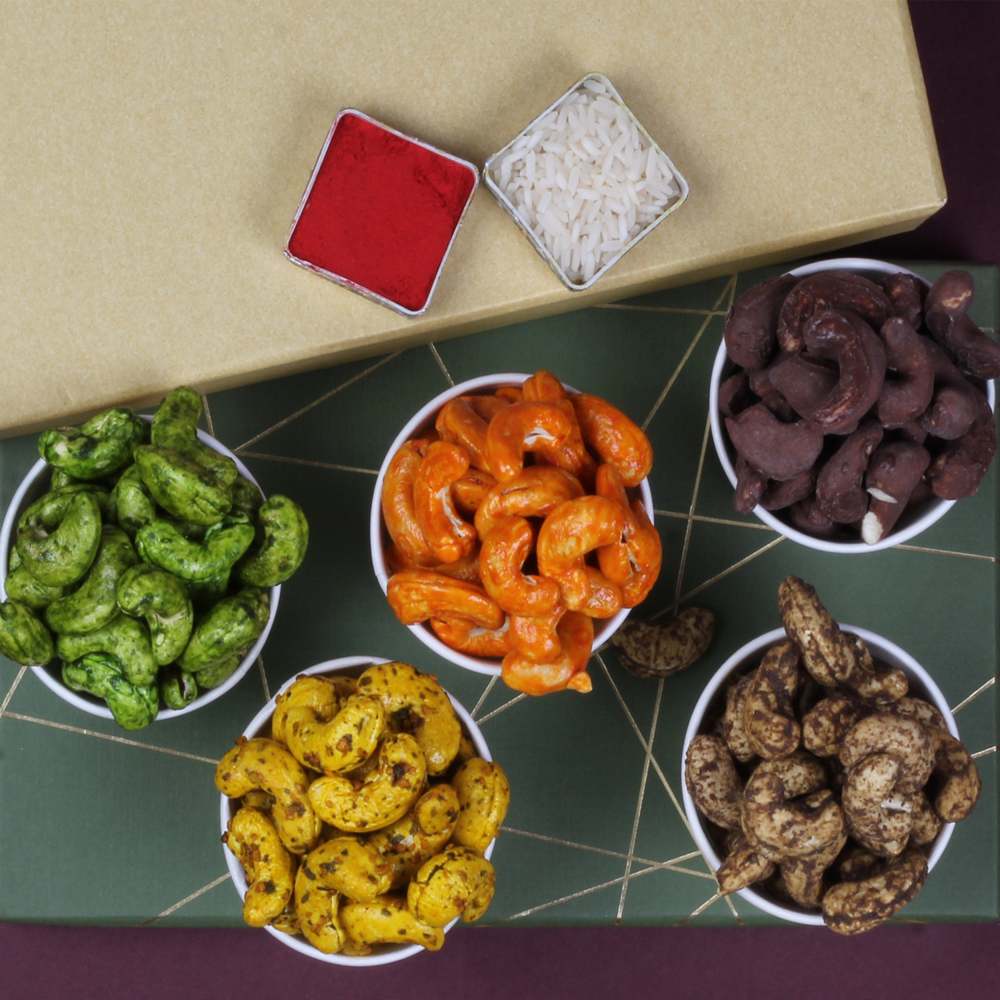 5 Rakhis with Black Pepper Garlic Green Chilli Chocolate Cheese Cashews  