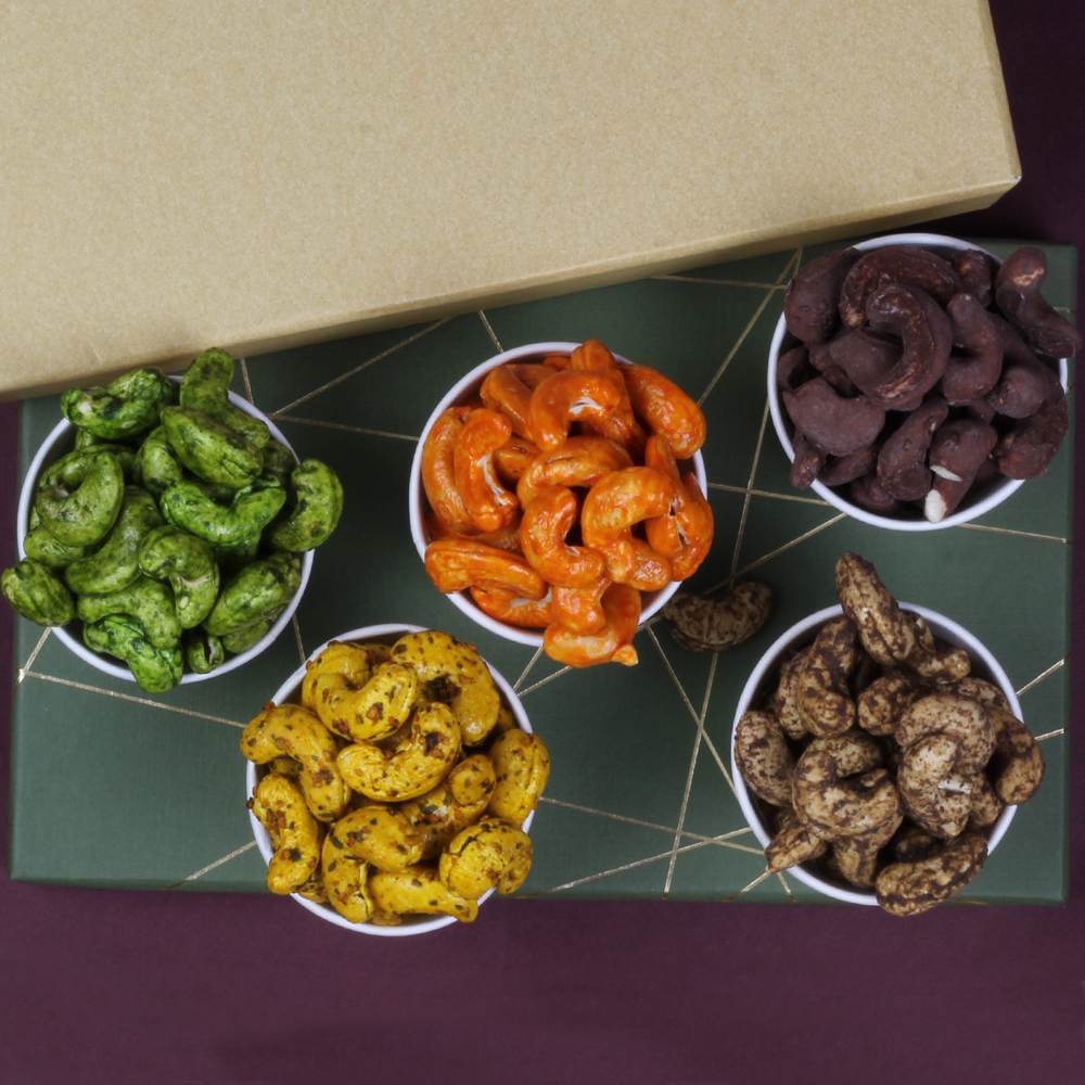 5 Rakhis with Black Pepper Garlic Green Chilli Chocolate Cheese Cashews  