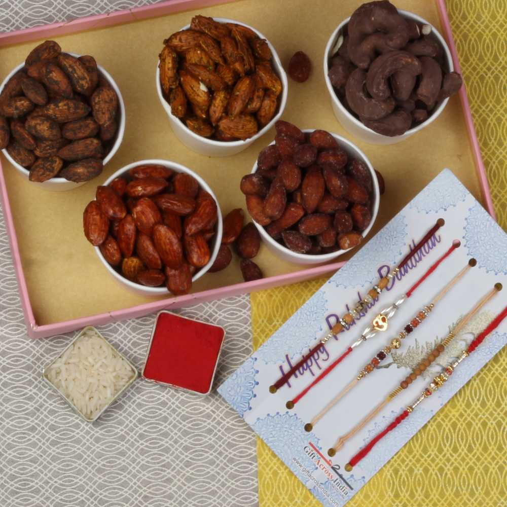 Five Rakhi with Honey Pizza Peri Peri Black Pepper Almonds and Chocolate Cashew 