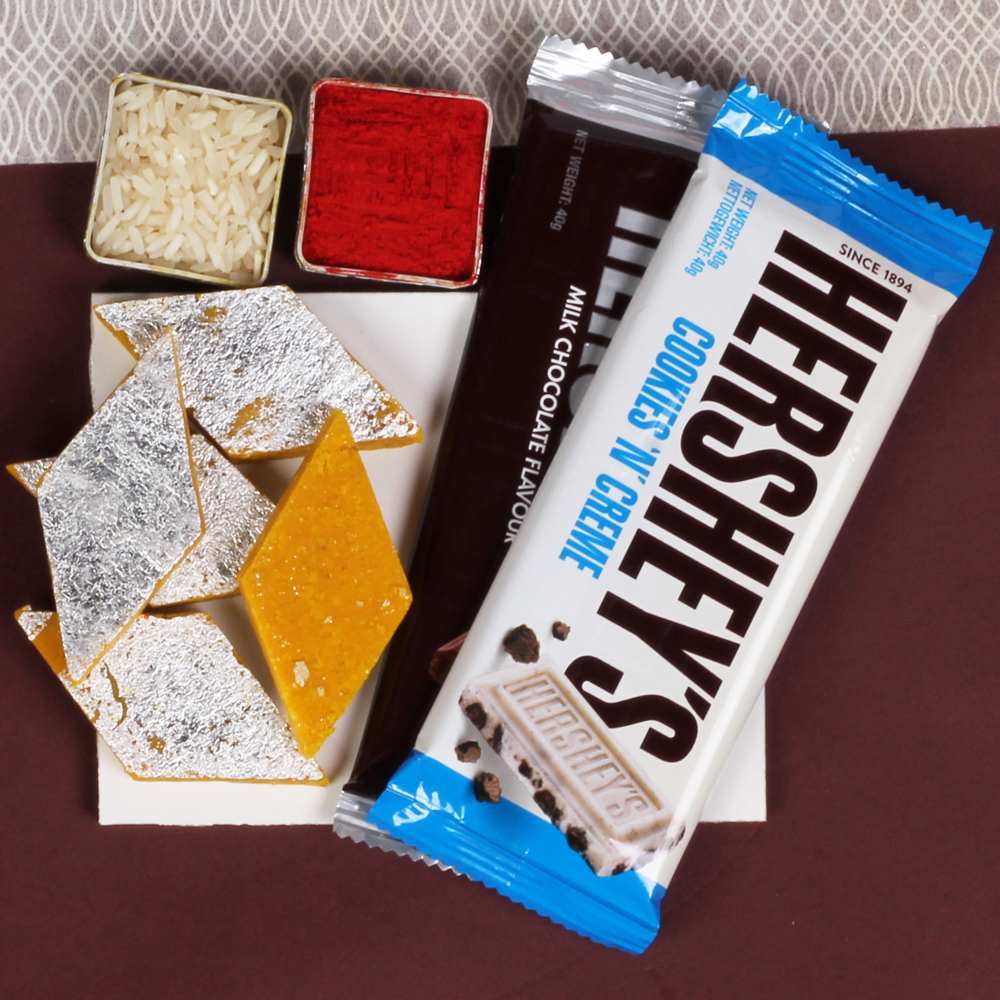 Hershey's Chocolate and Kesar Kaju Katli Rakhi Hamper